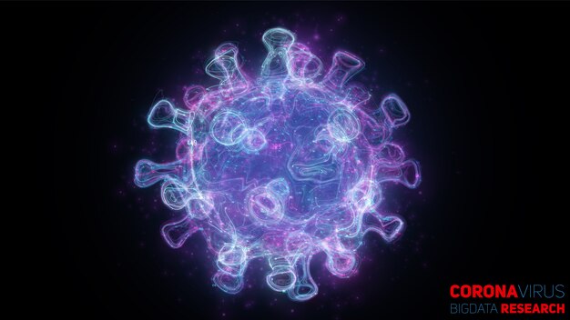 Recherche Big Data sur la maladie des coronavirus. Illustration vectorielle néon vecteur de virus et nuage de données. Analyse virologique futuriste du SRAS. Concept d'exploration d'agents pathogènes.