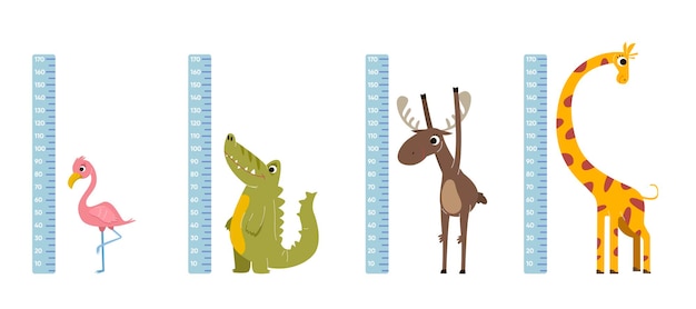 Vecteur gratuit règles de hauteur avec jeu d'illustrations vectorielles d'animaux comiques. stickers muraux pour mesurer la taille des enfants avec une jolie girafe, des personnages de dessins animés de crocodiles, un compteur de croissance. mesure, concept d'enfance