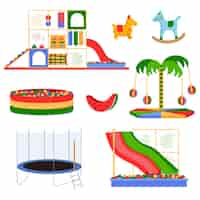 Vecteur gratuit salle de jeux pour enfants du centre commercial jeu de couleurs plates de piscine avec des balles en plastique trampoline carrousels éléments isolés illustration vectorielle