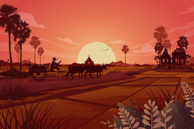 Scène de la nature de la prairie agricole des terres rurales, silhouette abstraite des agriculteurs asiatiques travaillant au champ de riz, illustration