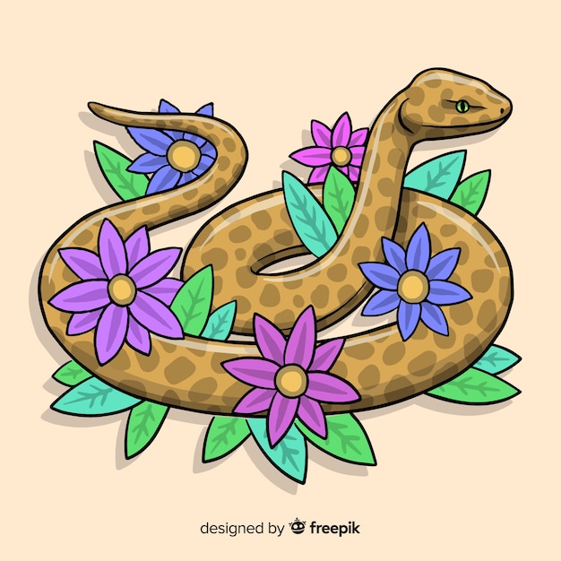 Vecteur gratuit serpent dessiné à la main avec des fleurs