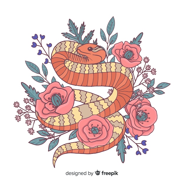 Vecteur gratuit serpent dessiné à la main avec des fleurs