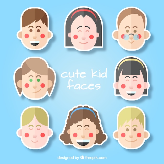 Vecteur gratuit set of cute kid face au design plat