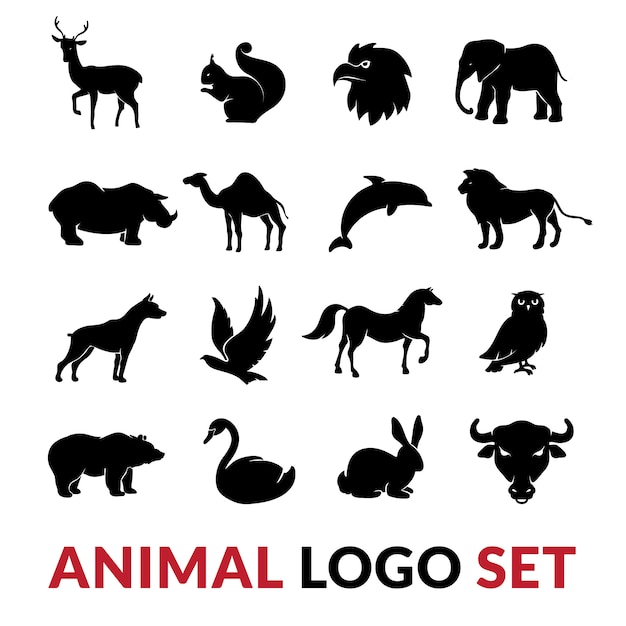 Silhouettes noires d&#39;animaux sauvages sertie d&#39;écureuil lion éléphant cygne et chameau vector illustration isolée