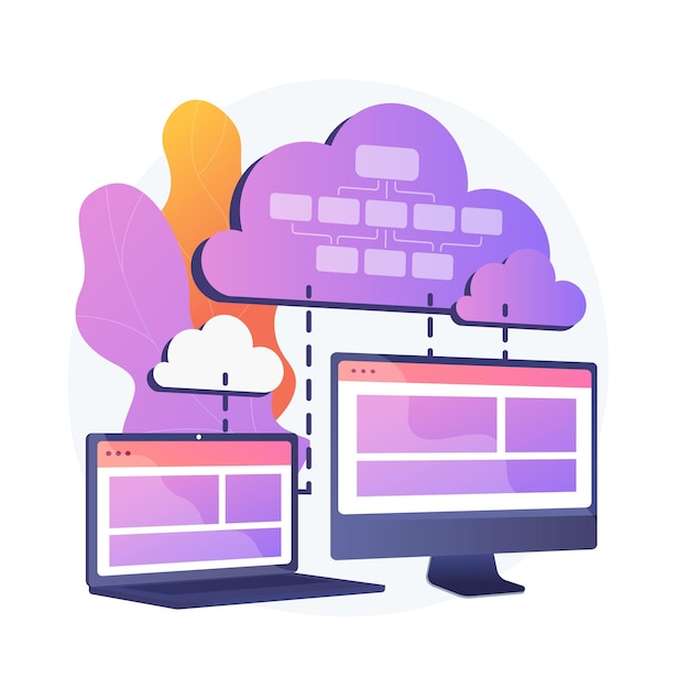 Vecteur gratuit stockage d'informations dans le cloud. cloud computing colocalisé. synchronisation et harmonisation des données. disponible, accessible, numérique. sauvegarde connectée. illustration de métaphore de concept isolé de vecteur