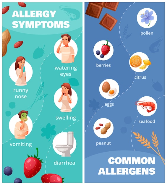 Vecteur gratuit symptômes d'allergies et symboles d'allergènes communs cartoon isolé