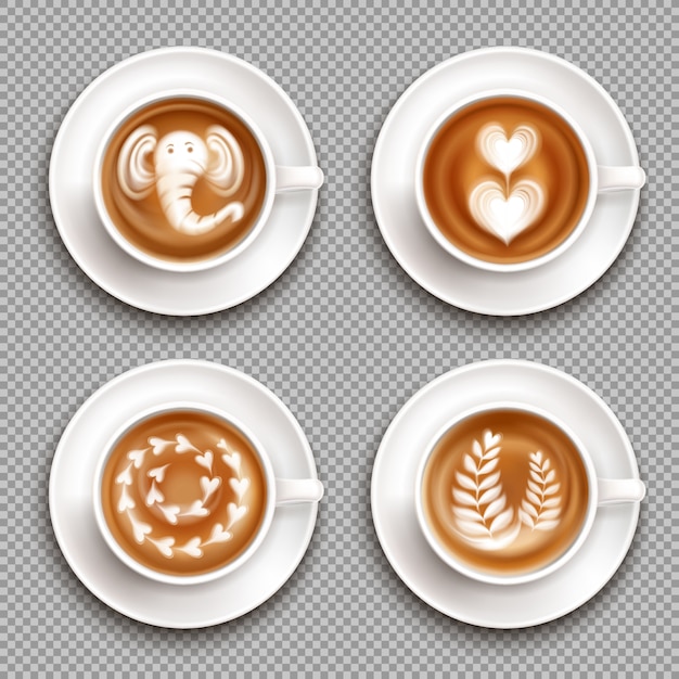 Vecteur gratuit tasses blanches réalistes avec des images d'art latte vue de dessus sur transparent isolé