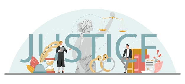 Vecteur gratuit en-tête typographique de la justice le travailleur judiciaire représente la justice et le droit juge en robe noire traditionnelle entendant une affaire et condamnant idée de jugement et de punition illustration vectorielle plane isolée