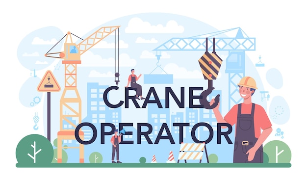 Vecteur gratuit en-tête typographique opérateur de grue constructeur industriel sur le chantier de construction installateur professionnel construisant une maison avec une grue de levage développement de la ville illustration vectorielle plane