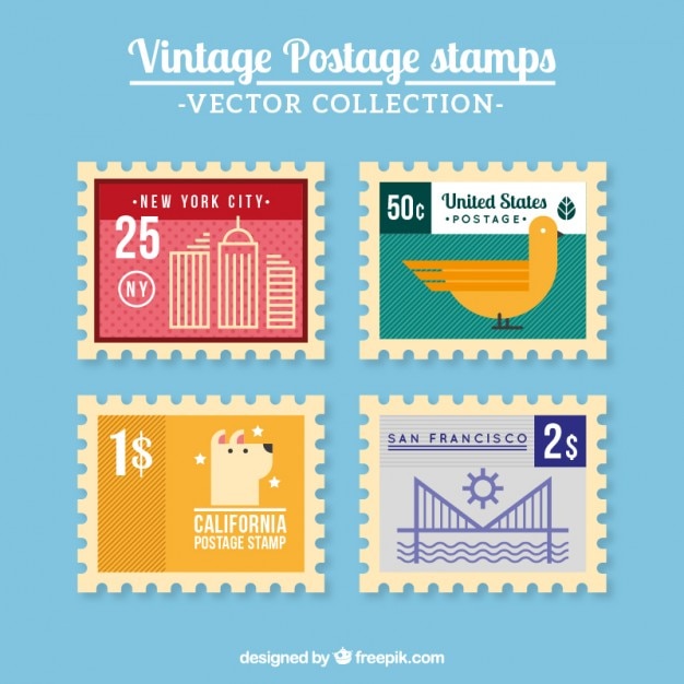 Vecteur gratuit timbres colorés de services postaux de cru