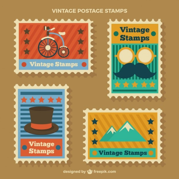 Vecteur gratuit timbres avec des éléments d'époque en design plat