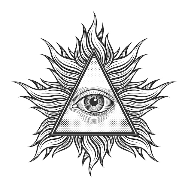 Tout le monde voit le symbole de la pyramide des yeux dans le style de tatouage de gravure. Franc-maçon et spirituel, illuminati et religion, magie du triangle,