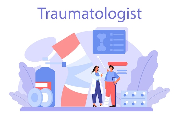 Vecteur gratuit traumatologue et médecin de chirurgie traumatologique membre blessé os cassé ou entorse application de bondage et de plâtre blessure articulaire et brûlure illustration vectorielle