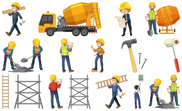 Vecteur gratuit travailleur de la construction avec des personnes et des outils