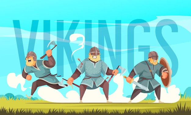 Vecteur gratuit trois vikings armés de haches de combat de bouclier en bois et d'une illustration de lettrage d'en-tête de titre de dessin animé d'épée