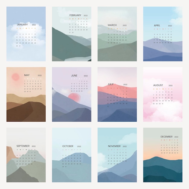 Vecteur gratuit vecteur de calendrier annuel ciel et montagne dans un ensemble de modèles vectoriels imprimables esthétique scandinave minimal