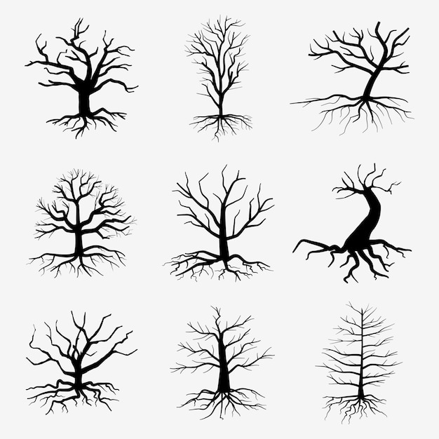 Vecteur gratuit vieux arbres sombres avec des racines. arbres forestiers morts. illustration d'arbre mort silhouette noire