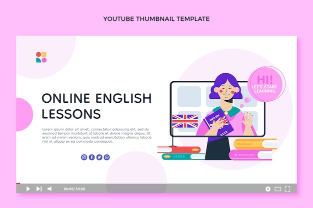 Vignette youtube de cours d'anglais au design plat