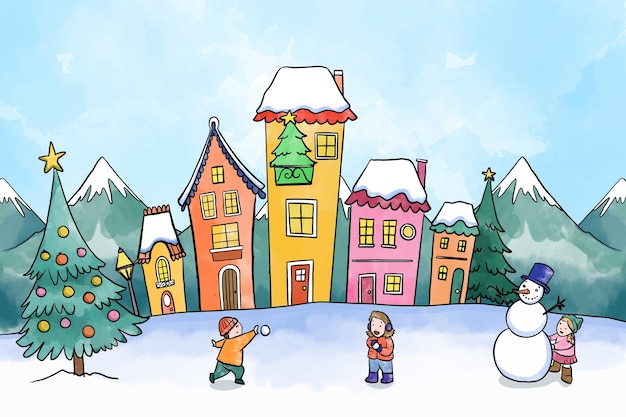 Vecteur gratuit ville de noël aquarelle avec des enfants qui jouent