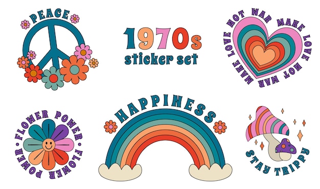 Vecteur 1970 slogan stikers set signe de paix rainbow daisy heart champignon psychédélique dans les couleurs de l'arc-en-ciel style rétro crazy groovy hippie aesthetics kids graphic tshirt cover sticker