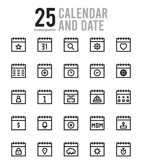 Vecteur 25 calendrier et date ligne couleur icône pack illustration vectorielle