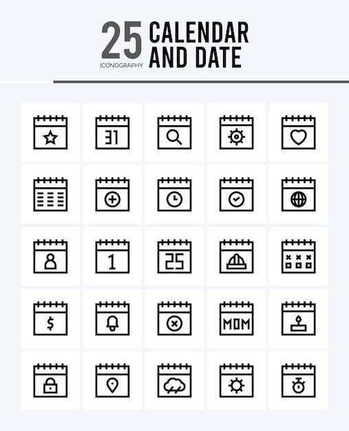 Vecteur 25 icônes de contour de calendrier et de date pack illustration vectorielle