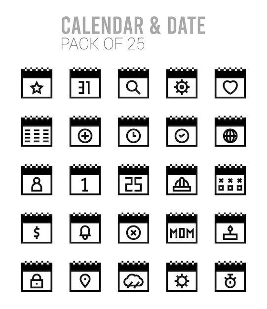 Vecteur 25 icônes de remplissage linéaire de calendrier et de date pack illustration vectorielle