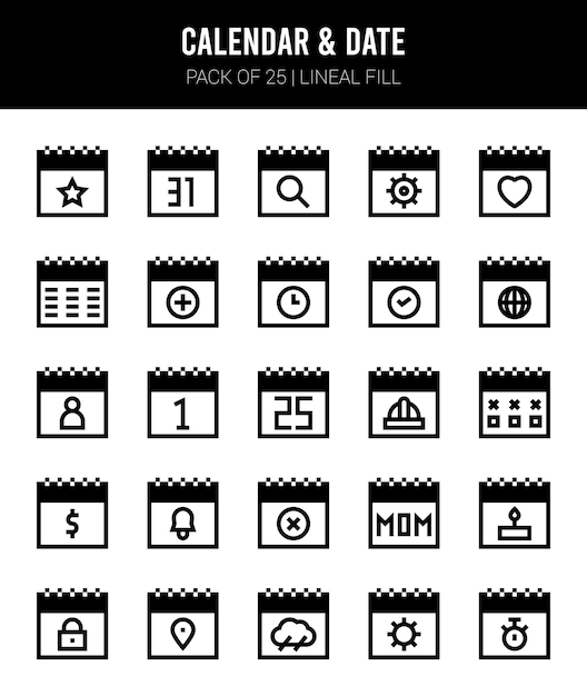 Vecteur 25 icônes de remplissage linéaire de calendrier et de date pack illustration vectorielle