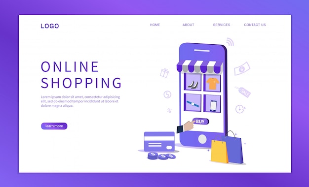 Achats en ligne avec smartphone. Modèle de conception pour site Web.
