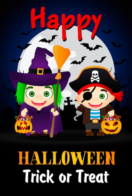 Affiche Happy Halloween Trick or Treat avec des enfants en costumes sorcière et carte de voeux pirate Halloween