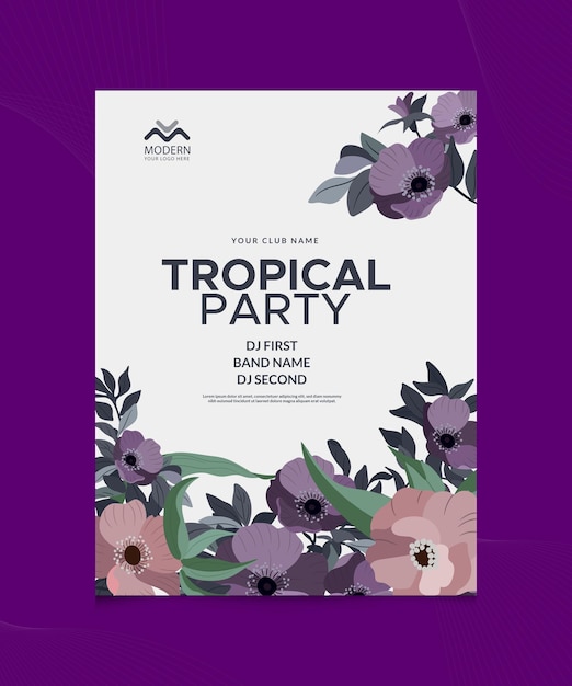 Une affiche pour une fête tropicale appelée le premier nom du groupe dj.