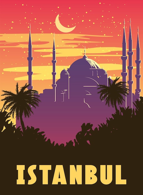 Affiche rétro Istanbul coucher de soleil ville Turquie Noble Sainte-Sophie Grande Mosquée silhouette Vintage