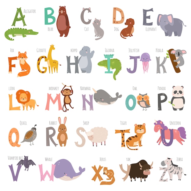 Alphabet anglais de zoo mignon avec des animaux de dessin animé isolé