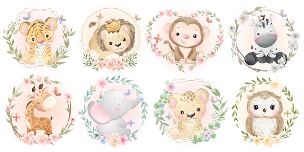 Vecteur animaux mignons avec collection florale