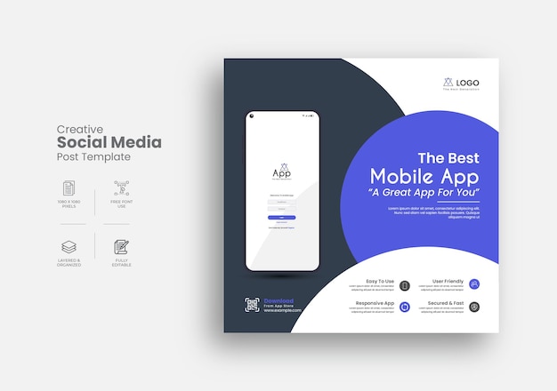 Application mobile promotionnelle sur les médias sociaux ou conception de modèle de publication Instagram