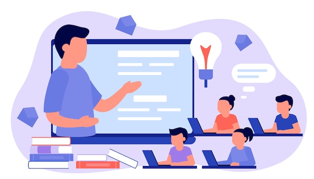 Vecteur apprenez à distance avec un enseignant, formation en ligne. enfants garçon et fille est assis sur un ordinateur portable et étudie la leçon. l'enfant apprend à distance. école à domicile, e-learning web, concept de connaissances. plat
