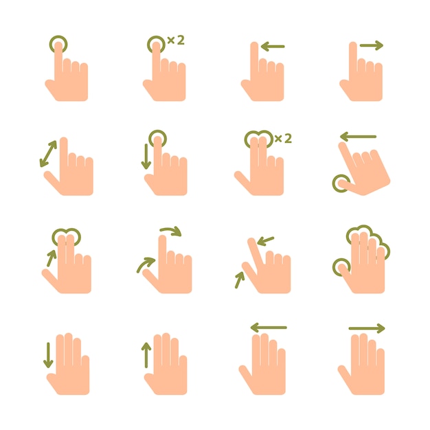 Appuyez sur écran main gestes icônes ensemble de pincée de glisser et appuyez sur illustration vectorielle isolé