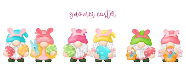 Aquarelle heureux Gnomes Pâques Clipart oeuf de lapin Peinture numérique