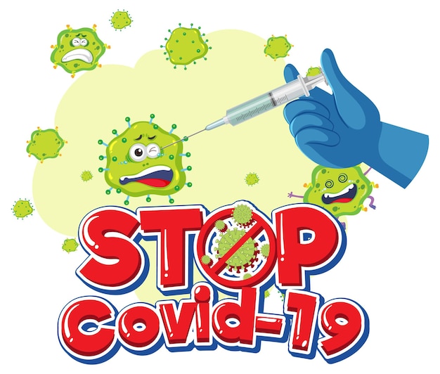 Arrêtez le logo ou la bannière Covid-19 avec la bouteille de vaccin covid-19 et le signe du coronavirus