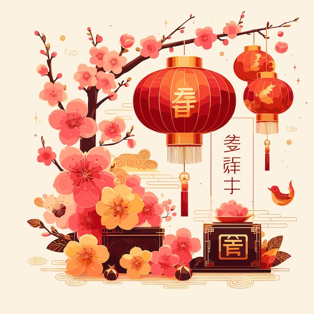 Arrière-plan chinois traditionnel vectoriel libre avec décoration d'arbre de sakura et de lanterne