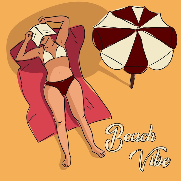 Vecteur atmosphère de plage une femme allongée au soleil conception vectorielle d'une affiche d'été dans un style simple