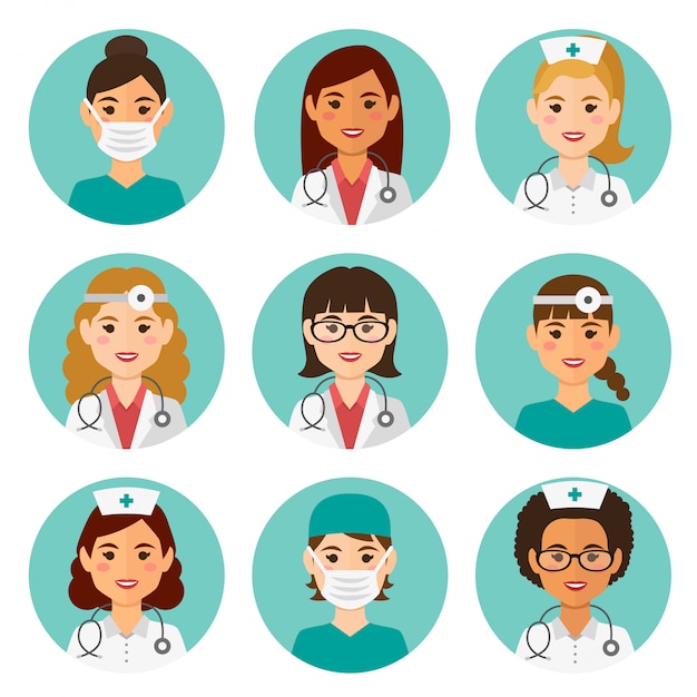 Avatars féminins de médecine fixés avec des médecins et des infirmières