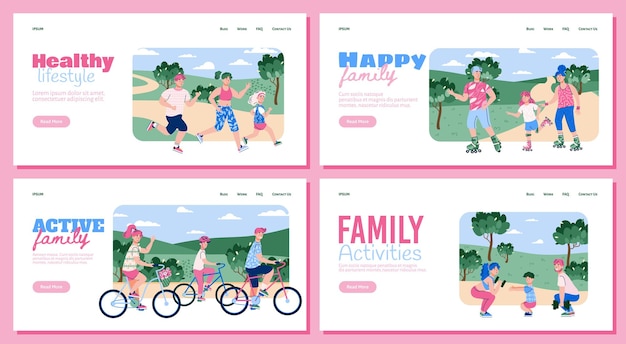 Bannière de sport familial défini des personnages de dessins animés avec des enfants faisant des exercices de fitness