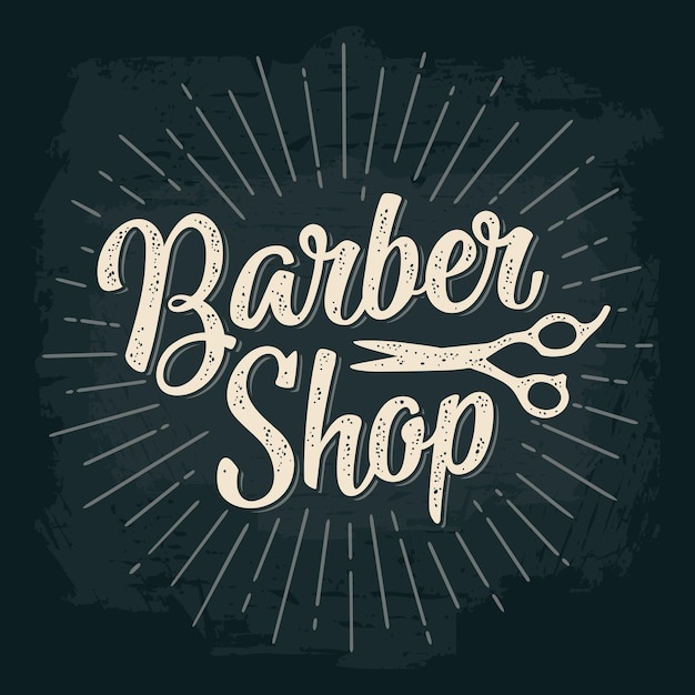 BarberShop lettrage calligraphique et ciseaux Illustration monochrome de gravure vintage dessinée à la main vectorielle isolée sur fond sombre Pour le web de bannière d'étiquette d'affiche