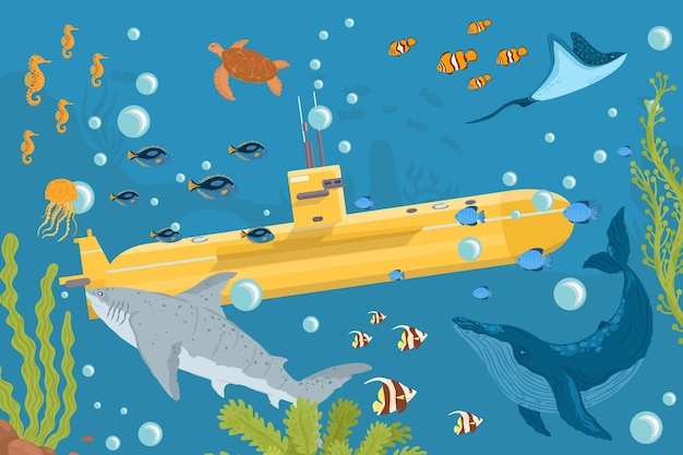 Vecteur bateau sous-marin sous-marin jaune avec des poissons dans la mer de l'océan avec illustration vectorielle de périscope design plat thème marin