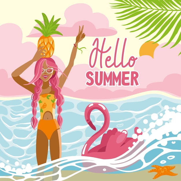 Belle fille sur la plage au coucher du soleil Beach party Happy summer Vector illustration