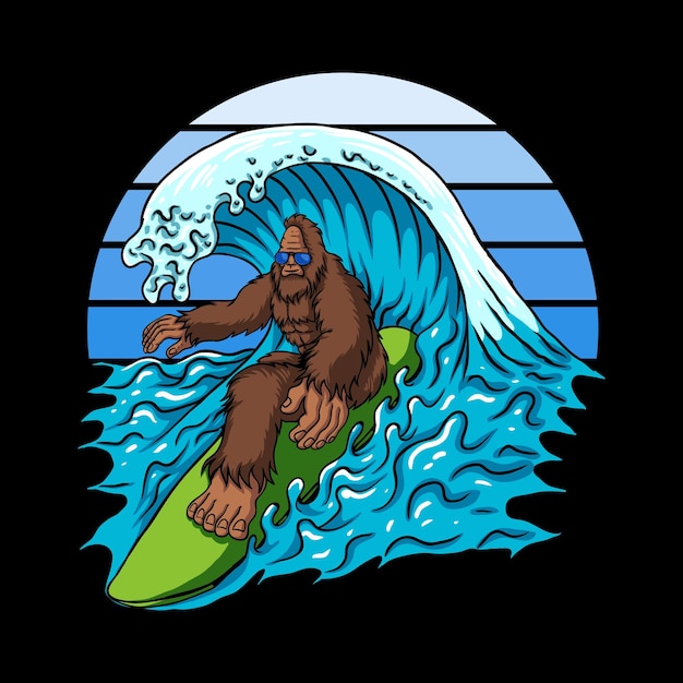 Bigfoot surfant sur l'illustration vectorielle des vagues