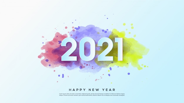 Bonne année 2021, avec des illustrations de nombres blancs avec des dessins à l'aquarelle.