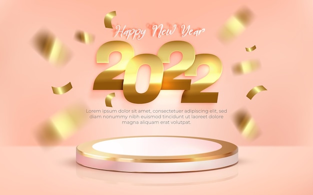 Vecteur bonne année 2022 avec podium 3d réaliste sur fond pastel