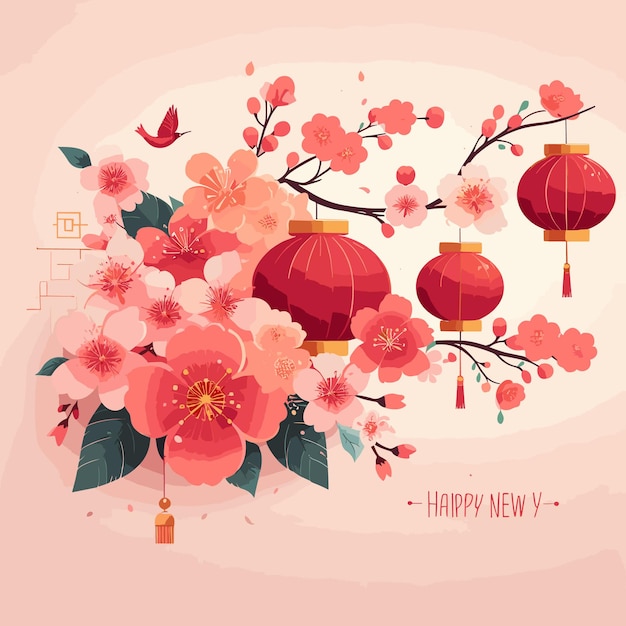 Bonne année chinoise avec des fleurs de sakura et des lanternes